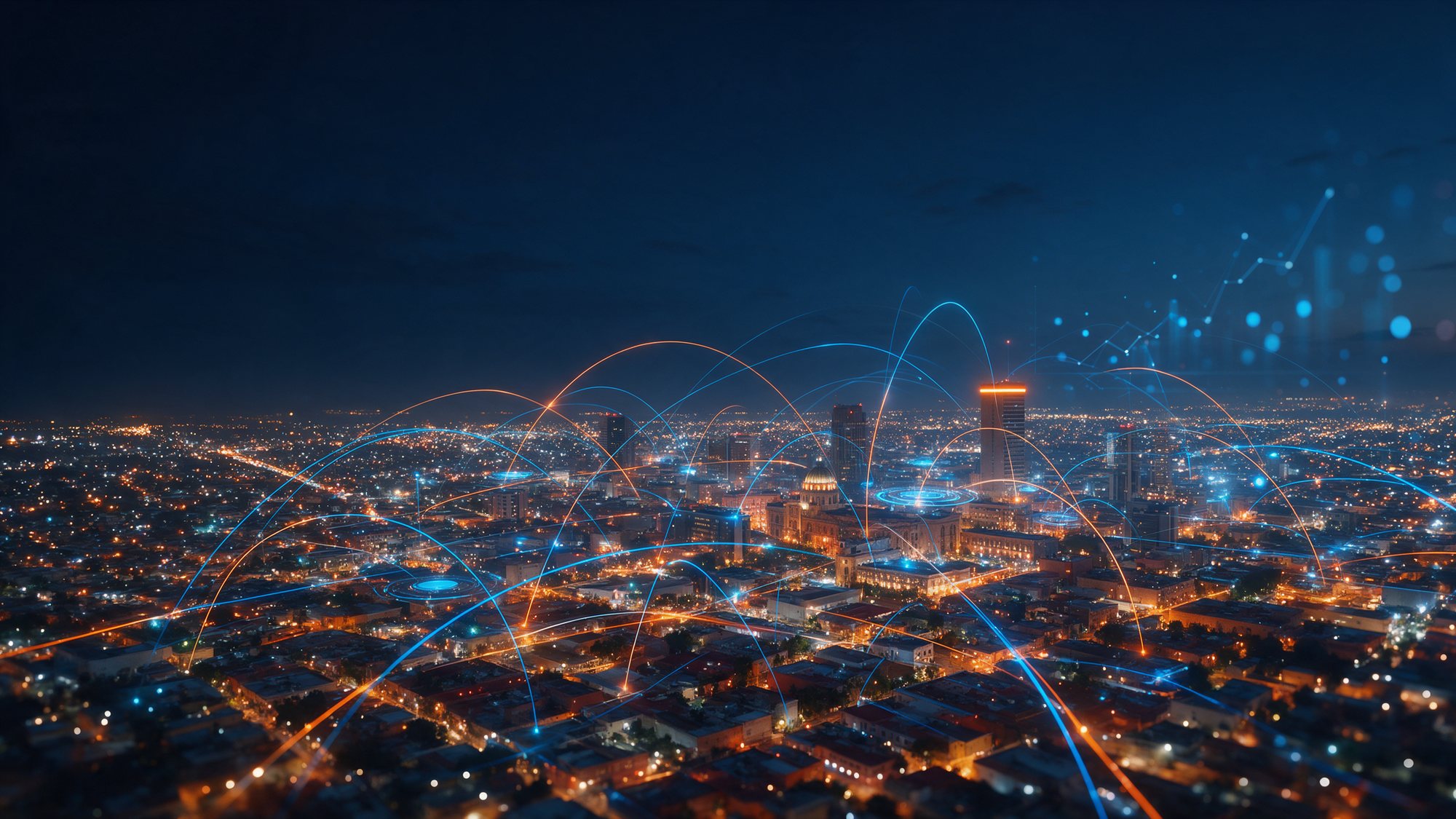 Ciudad de noche conectada por líneas de datos: marketing digital en Tijuana